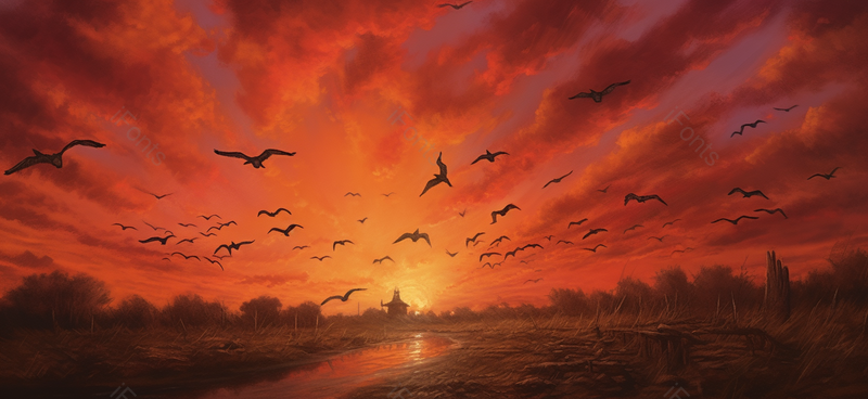 油画风哥火山云晚霞时分广阔的天空一群飞鸟飞过小溪上空背景插画,插画/手绘图,插画/手绘图库,插画/手绘图下载,插画/手绘